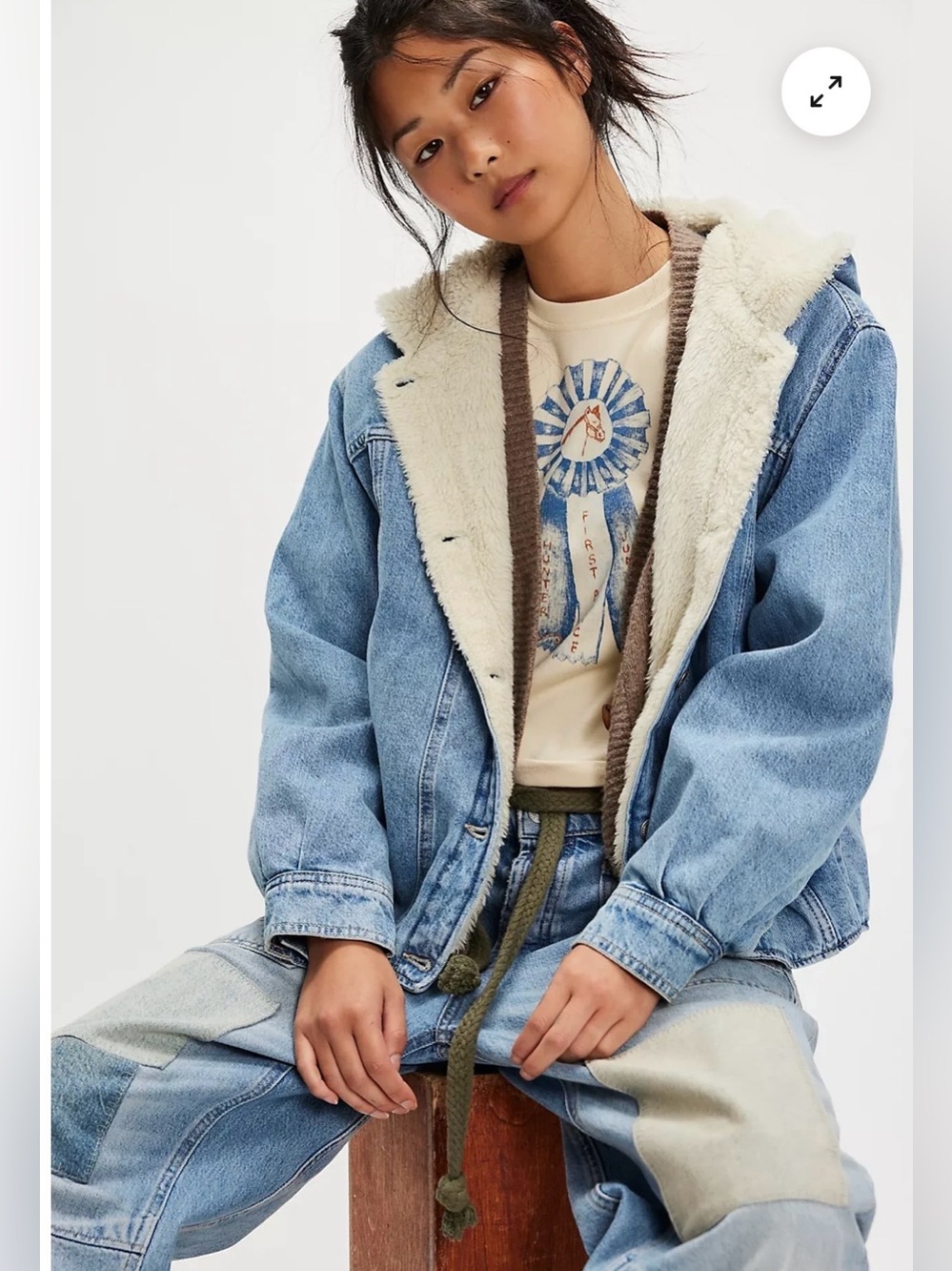 NWT We The Free Asher Cozy Sherpa Denim Jacket In Snowdrift Wash Free People